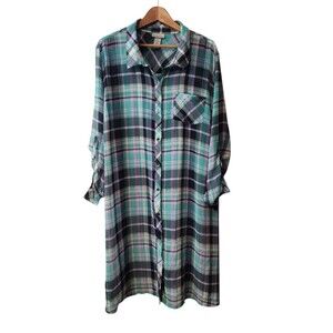 Catherines Tunic Shirt Size 2X Pintuck Plaid Blue Green Roll Tab 3/4 Sleeves